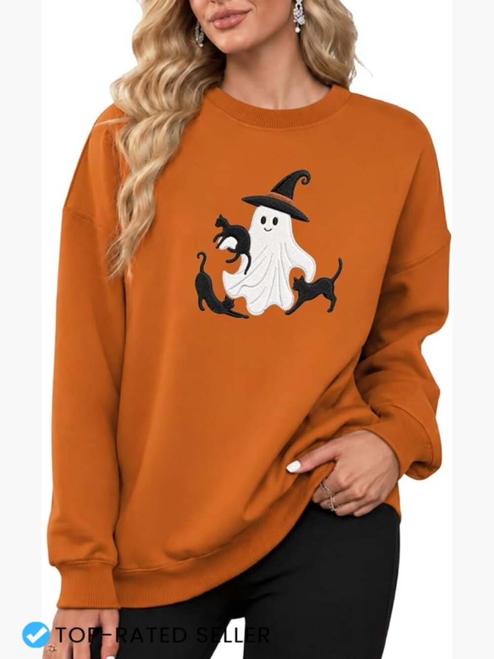 Cute Ghost Cat Embroidered Sweatshirt Womens Fall Halloween Pullover Crew Neck